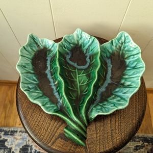 Vintage Unsigned Glazed Pottery Leaf Dish